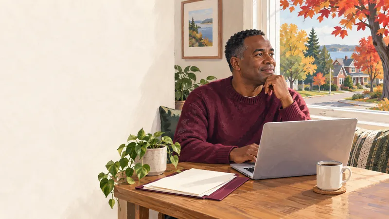 An adult at a window seat with a laptop and a folder of papers, maple trees outside